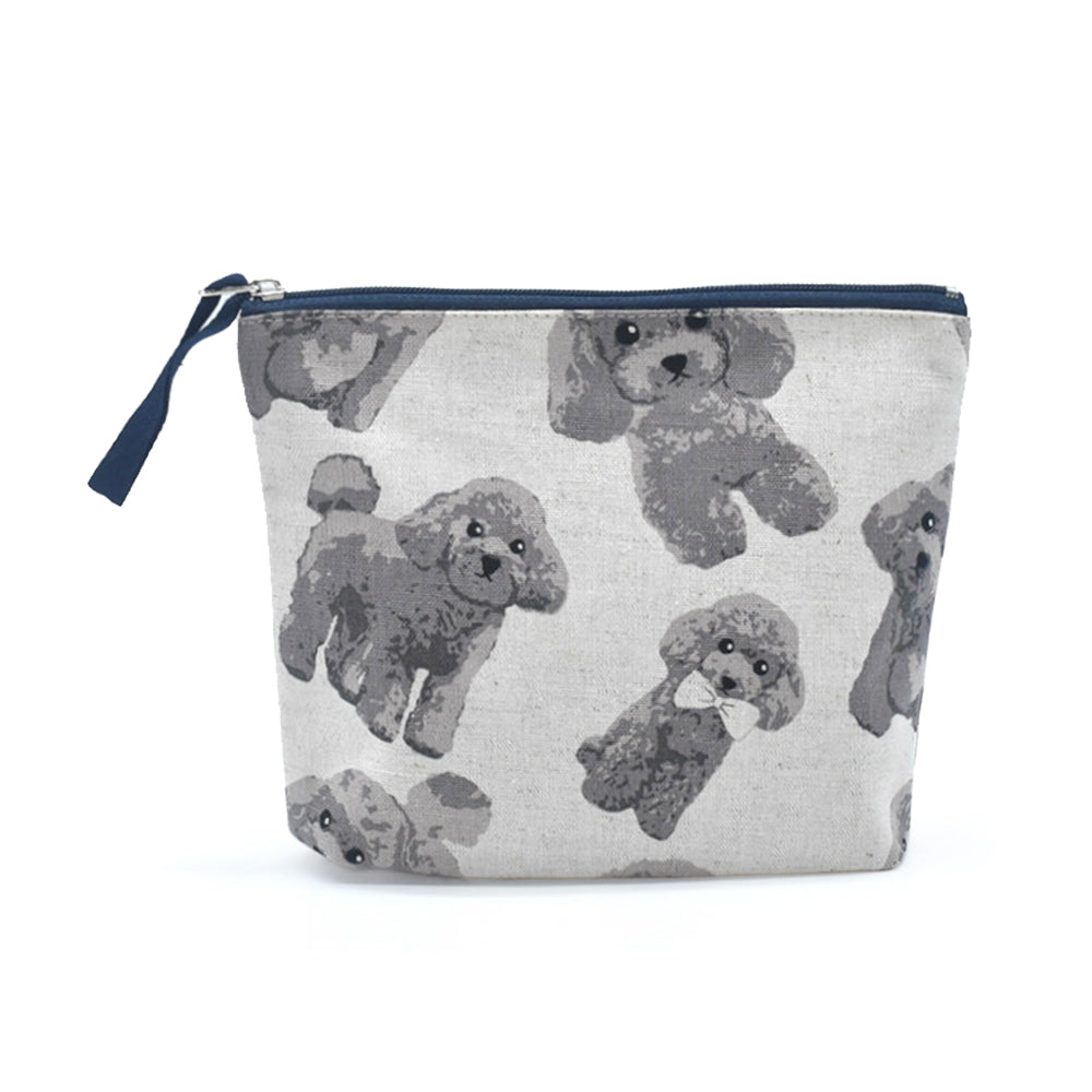 Linen la vie(リネン ラ・ヴィ):日本製 コットンリネンシリーズ 犬柄 ポーチM まち付き プードル キャバリア ダックス チワワ シュナウザー ヨークシャー