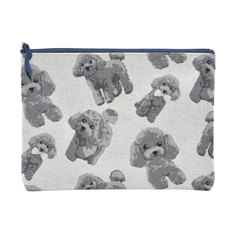 Linen la vie(リネン ラ・ヴィ):日本製 コットンリネンシリーズ 犬柄 ポーチL フラットポーチ プードル キャバリア ダックス チワワ シュナウザー ヨークシャー