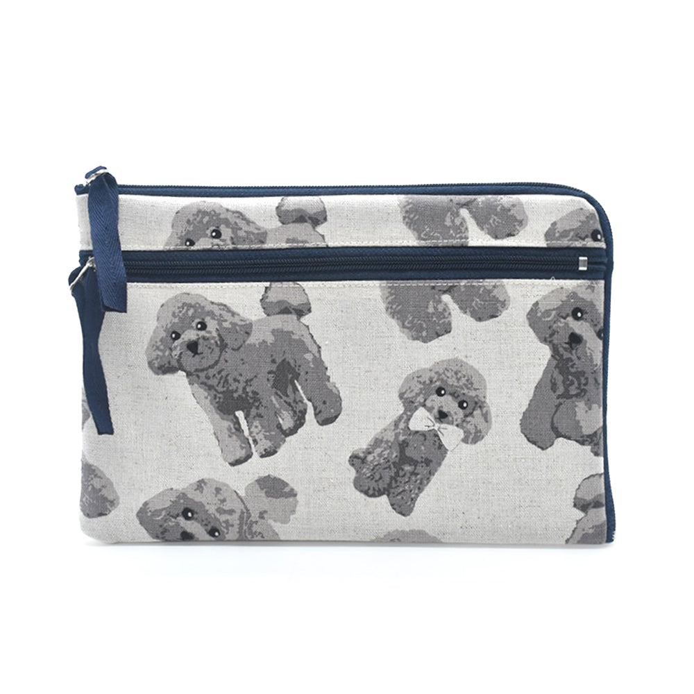 Linen la vie(リネン ラ・ヴィ):日本製 コットンリネンシリーズ 犬柄 L字ファスナーポーチ プードル キャバリア ダックス チワワ シュナウザー ヨークシャー