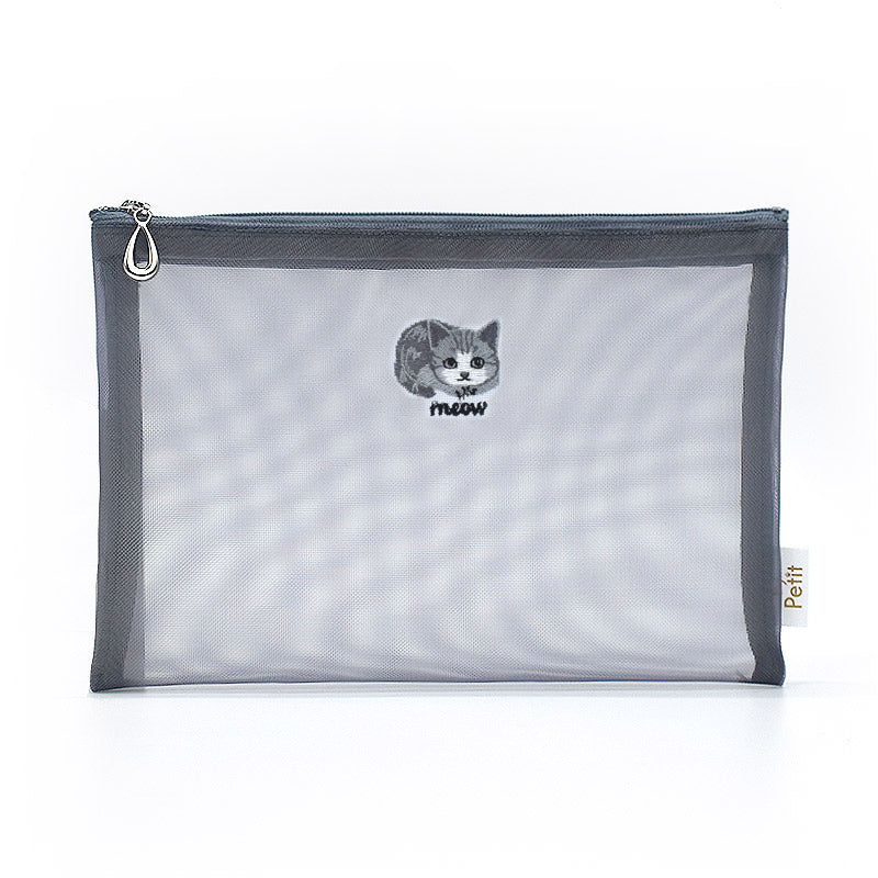 日本製 犬柄刺繍 メッシュ フラットポーチ プードル シュナウザー 柴犬 ビションフリーゼ Enjeau アンジョー