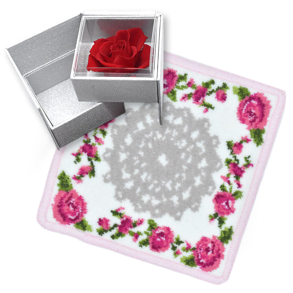 日本製 選べる AHKMNRSTY イニシャル ミニハンカチ&一輪バラ セット プリザーブドフラワー リトルローズ柄