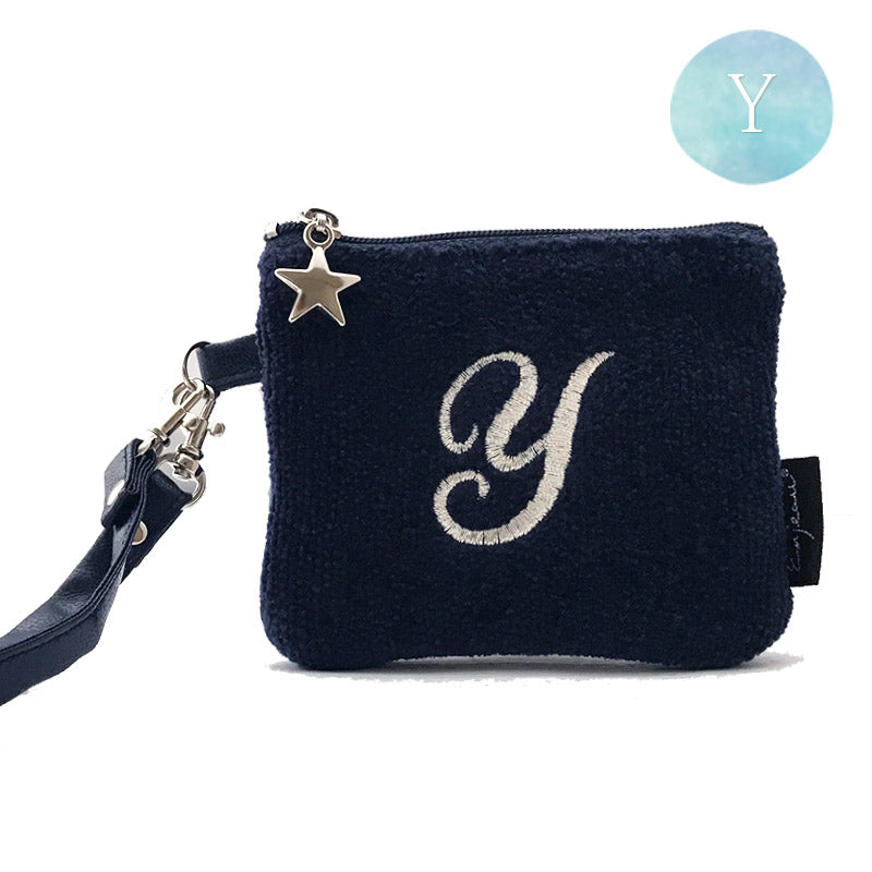 日本製 選べるイニシャル 刺繍 ミニストラップポーチ ネイビー 小物入れ パスケース 薬入れ