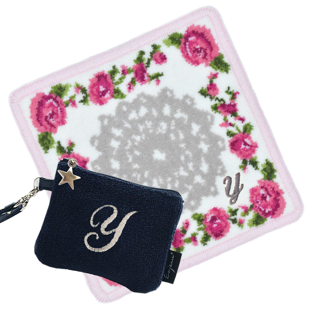 選べるイニシャル AHKMNRSTY ミニハンカチ&ストラップポーチ ギフトセット リトルローズ柄