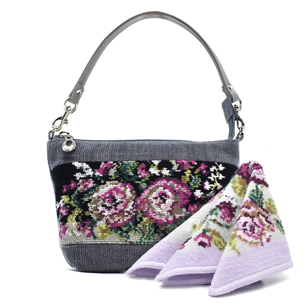 日本製 ローズガーデン柄 総シェニール織 コスメポーチ&ハンカチ ギフトセット