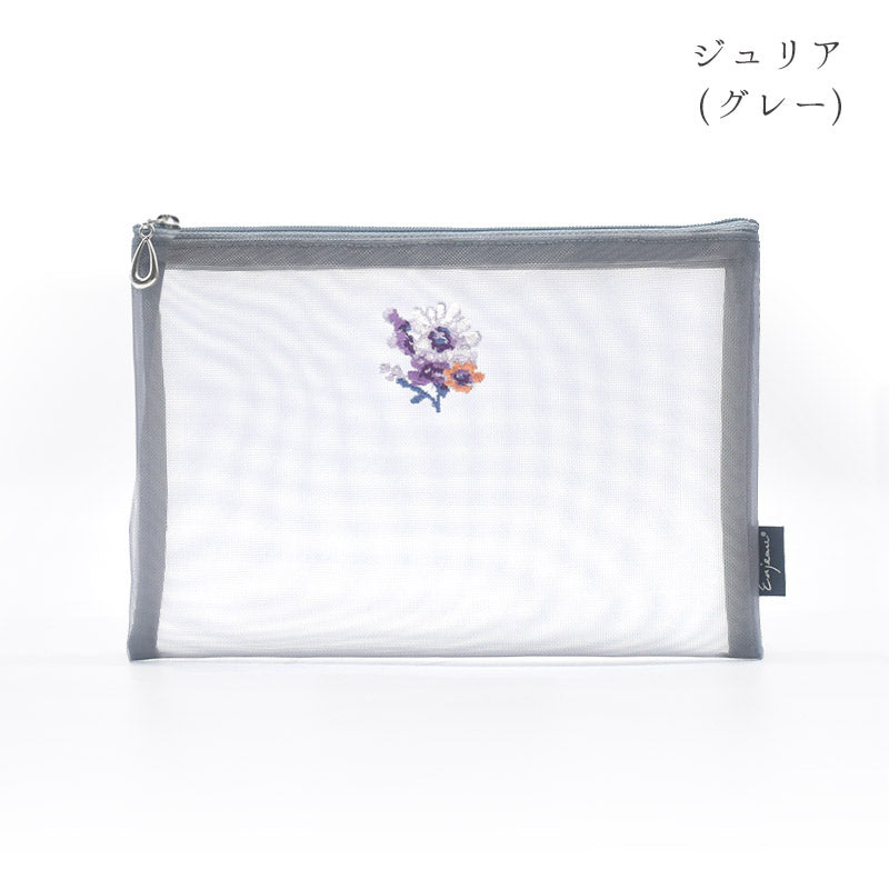 日本製 花刺繍 メッシュポーチ フラットポーチ A6 B6 ネイビー Enjeau アーンジョー