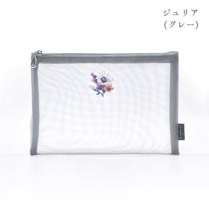 日本製 花刺繍 メッシュポーチ フラットポーチ A6 B6 ネイビー Enjeau アーンジョー