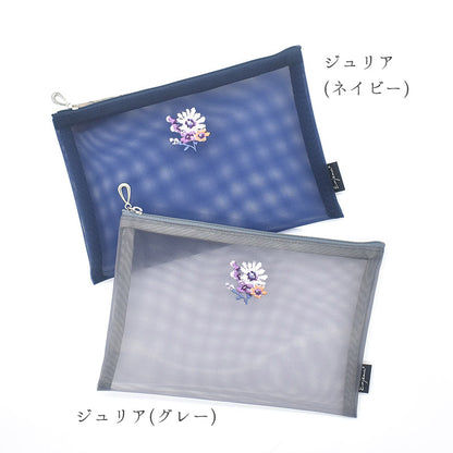 日本製 花刺繍 メッシュポーチ フラットポーチ A6 B6 ネイビー Enjeau アーンジョー