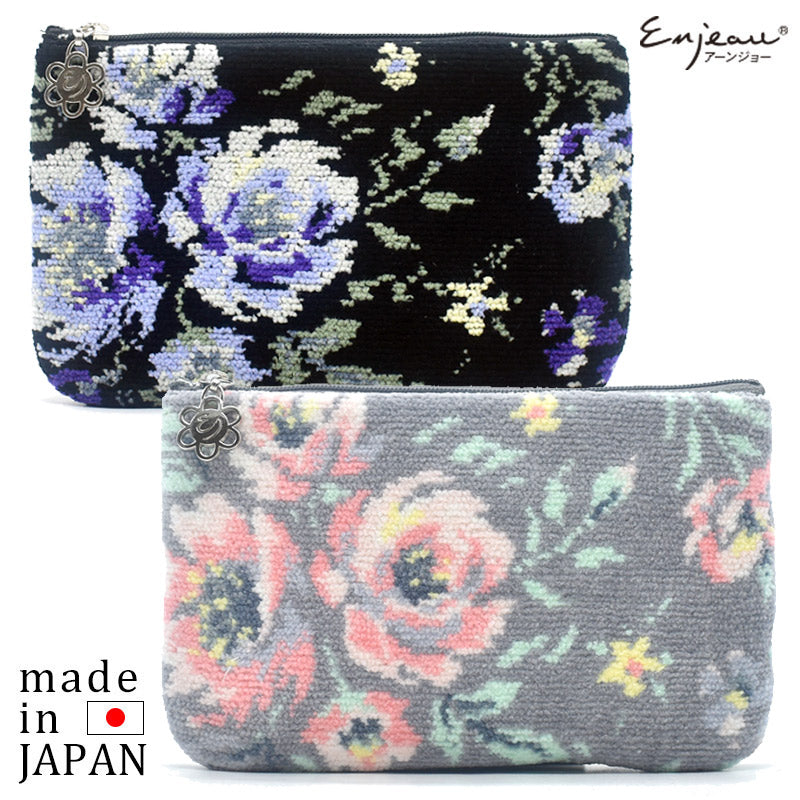 日本製 フラットポーチ ローズソフィア シェニール織 チャーム付 お薬手帳入れ ギフトラッピング対応可