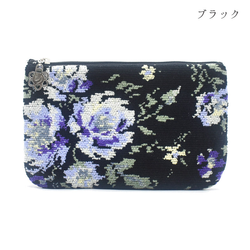 日本製 フラットポーチ ローズソフィア シェニール織 チャーム付 お薬手帳入れ ギフトラッピング対応可