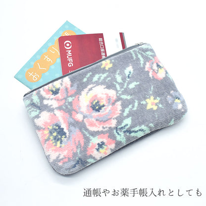 日本製 フラットポーチ ローズソフィア シェニール織 チャーム付 お薬手帳入れ ギフトラッピング対応可