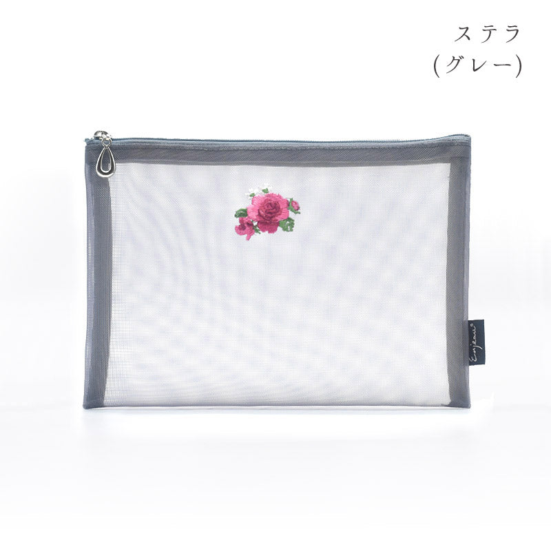 日本製 花刺繍 メッシュポーチ フラットポーチ A6 B6 ネイビー Enjeau アーンジョー