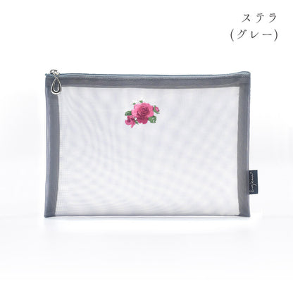 日本製 花刺繍 メッシュポーチ フラットポーチ A6 B6 ネイビー Enjeau アーンジョー