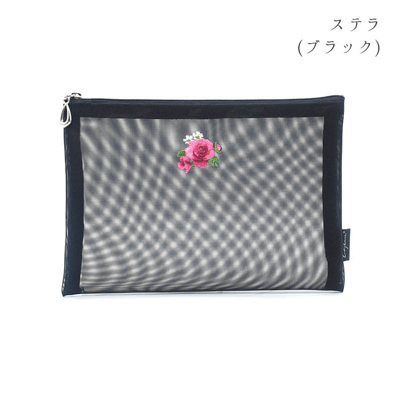 日本製 花刺繍 メッシュポーチ フラットポーチ A6 B6 ネイビー Enjeau アーンジョー