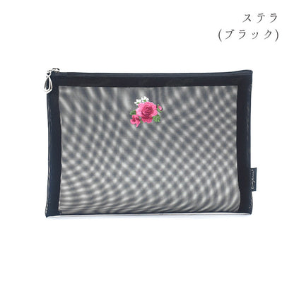 日本製 花刺繍 メッシュポーチ フラットポーチ A6 B6 ネイビー Enjeau アーンジョー
