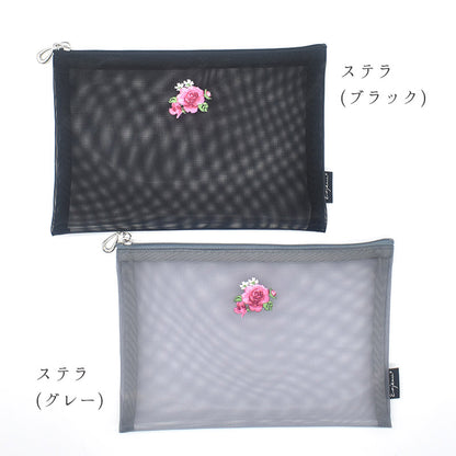日本製 花刺繍 メッシュポーチ フラットポーチ A6 B6 ネイビー Enjeau アーンジョー