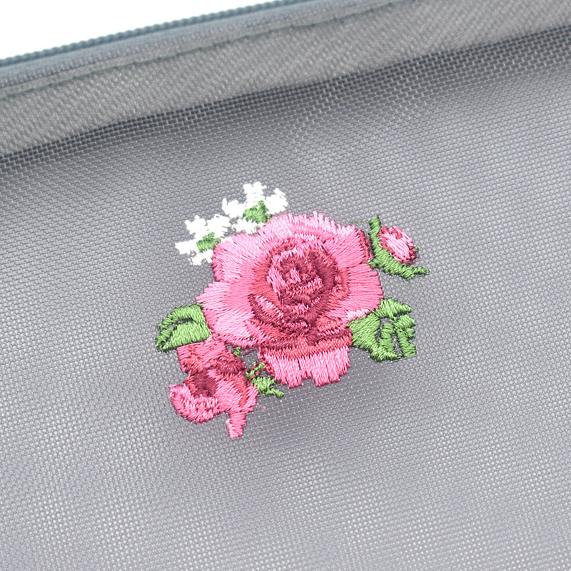 日本製 花刺繍 メッシュポーチ フラットポーチ A6 B6 ネイビー Enjeau アーンジョー