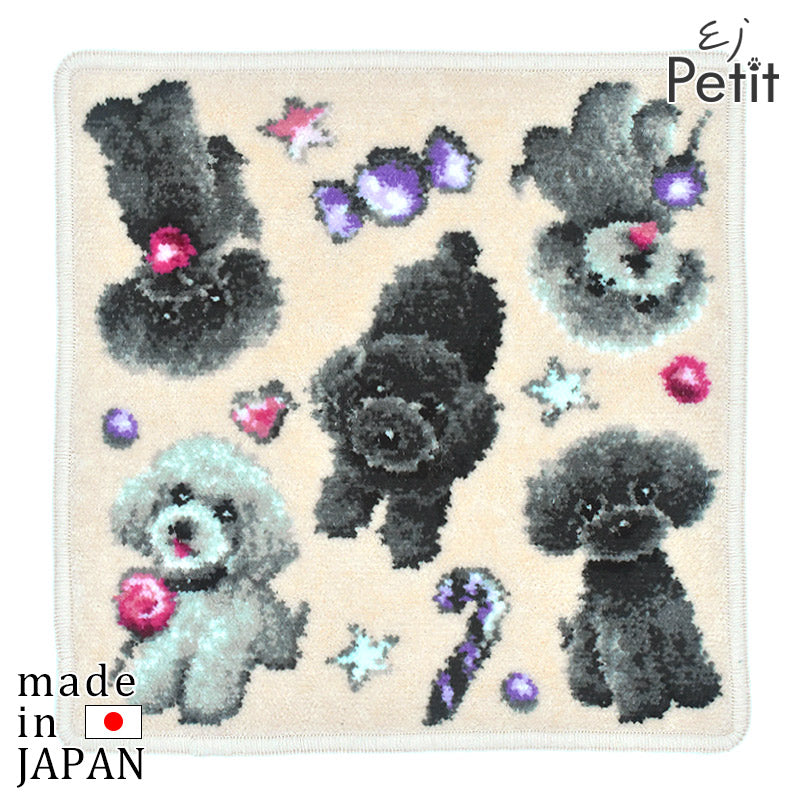 ブラックタン＆シルバープードル 日本製 シェニール織 ハンカチ 犬猫柄 EjPetit