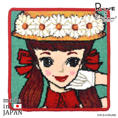 RUNE【内藤ルネ × アーンジョー】カンカン帽の少女 日本製  シェニール織 ハンカチ 2155