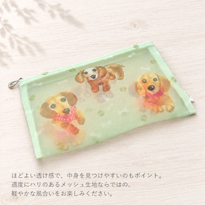 日本製 犬柄プリント メッシュフラットポーチ 全9柄 Enjeau アンジョー