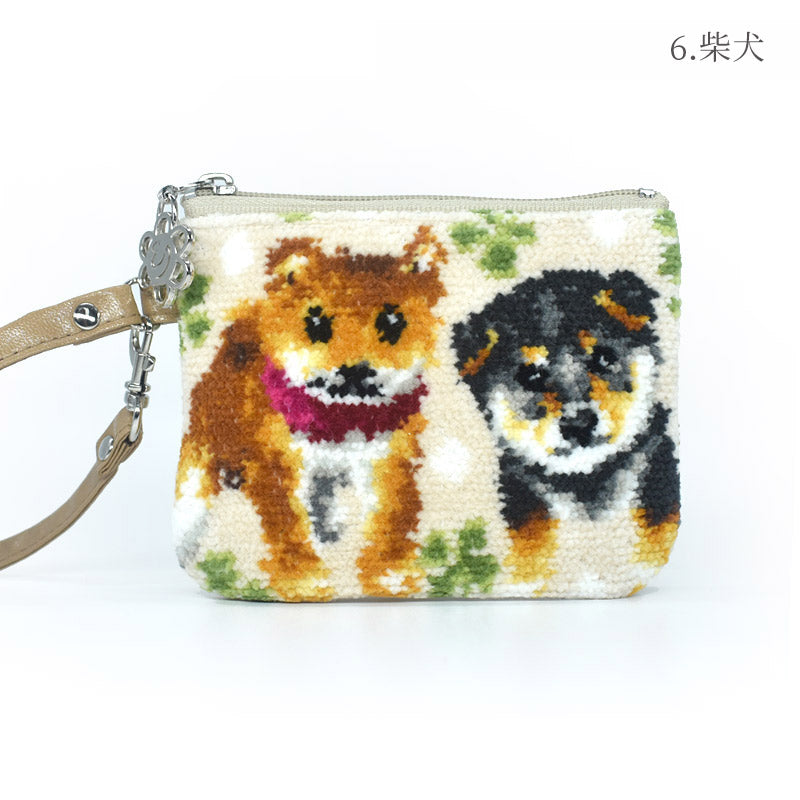 犬猫柄 ミニストラップポーチ 小物入れ シェニール織