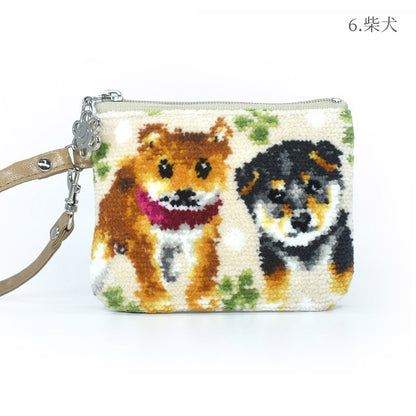 犬猫柄 ミニストラップポーチ 小物入れ シェニール織