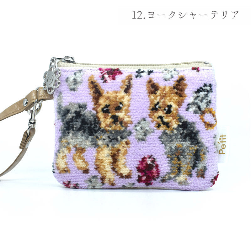 犬猫柄 ミニストラップポーチ 小物入れ シェニール織