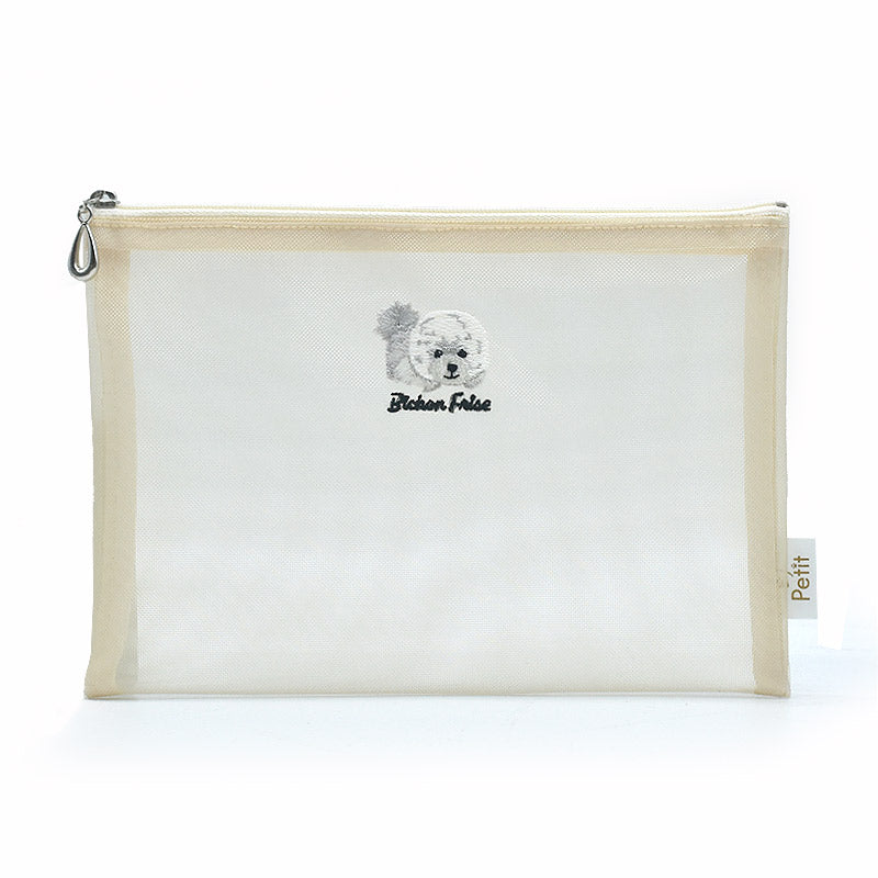 日本製 犬柄刺繍 メッシュ フラットポーチ プードル シュナウザー 柴犬 ビションフリーゼ Enjeau アンジョー