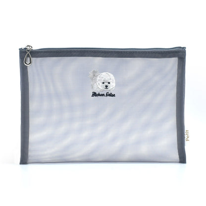 日本製 犬柄刺繍 メッシュ フラットポーチ プードル シュナウザー 柴犬 ビションフリーゼ Enjeau アンジョー