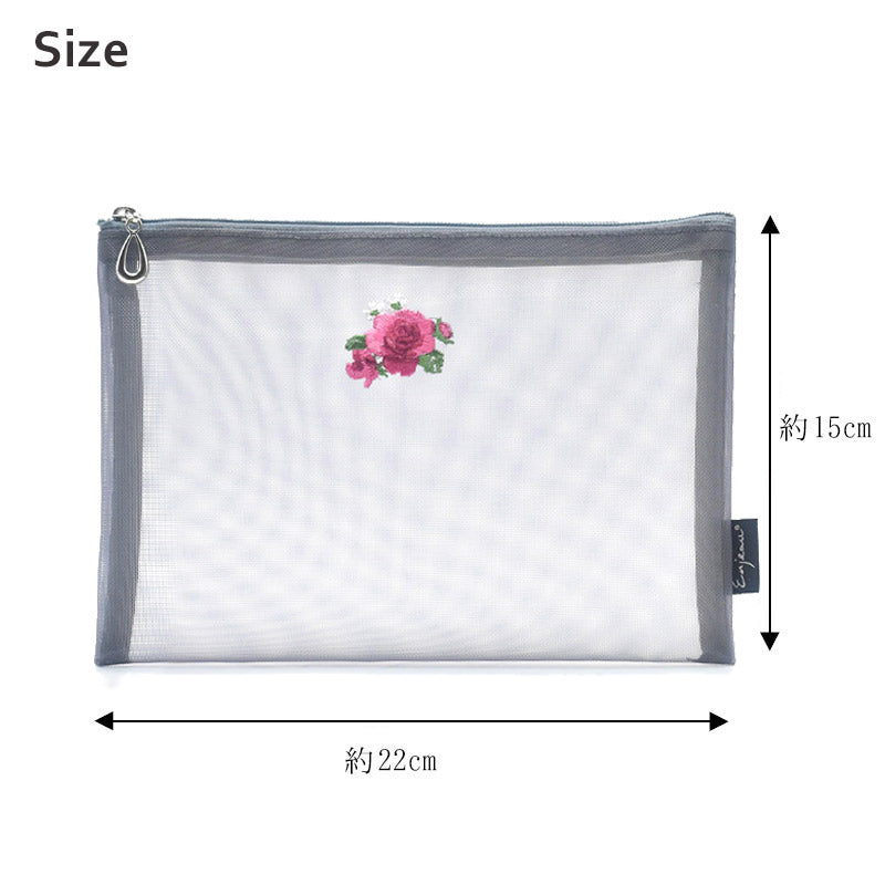 日本製 花刺繍 メッシュポーチ フラットポーチ A6 B6 ネイビー Enjeau アーンジョー