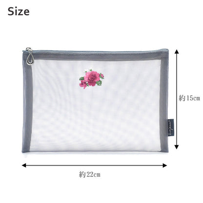 日本製 花刺繍 メッシュポーチ フラットポーチ A6 B6 ネイビー Enjeau アーンジョー