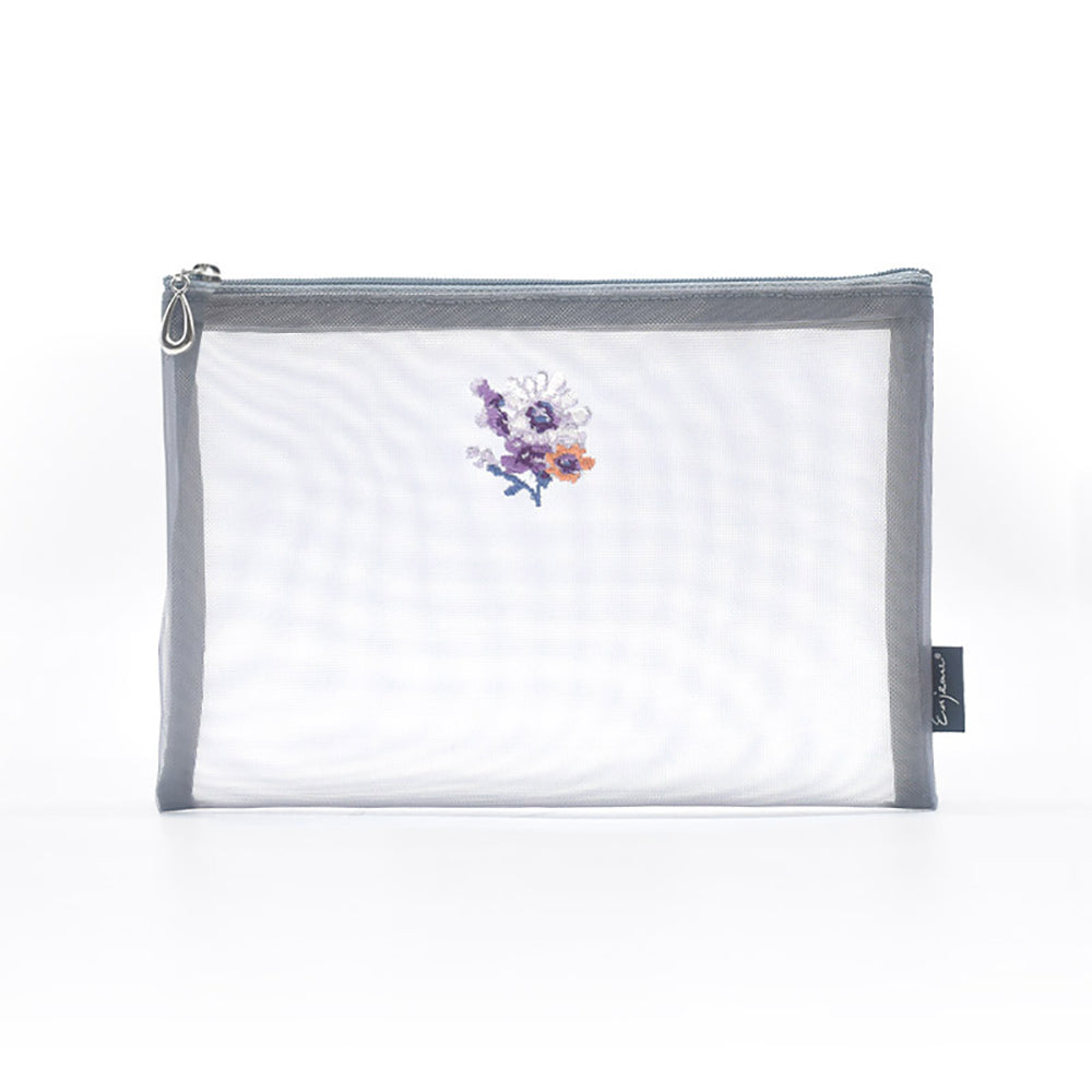 日本製 花刺繍 メッシュポーチ フラットポーチ A6 B6 ネイビー Enjeau アーンジョー