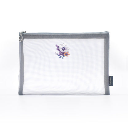 日本製 花刺繍 メッシュポーチ フラットポーチ A6 B6 ネイビー Enjeau アーンジョー