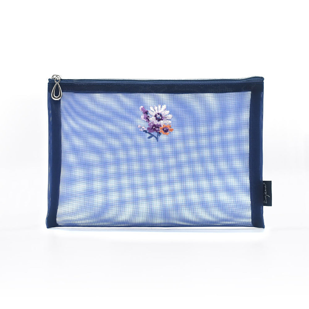 日本製 花刺繍 メッシュポーチ フラットポーチ A6 B6 ネイビー Enjeau アーンジョー