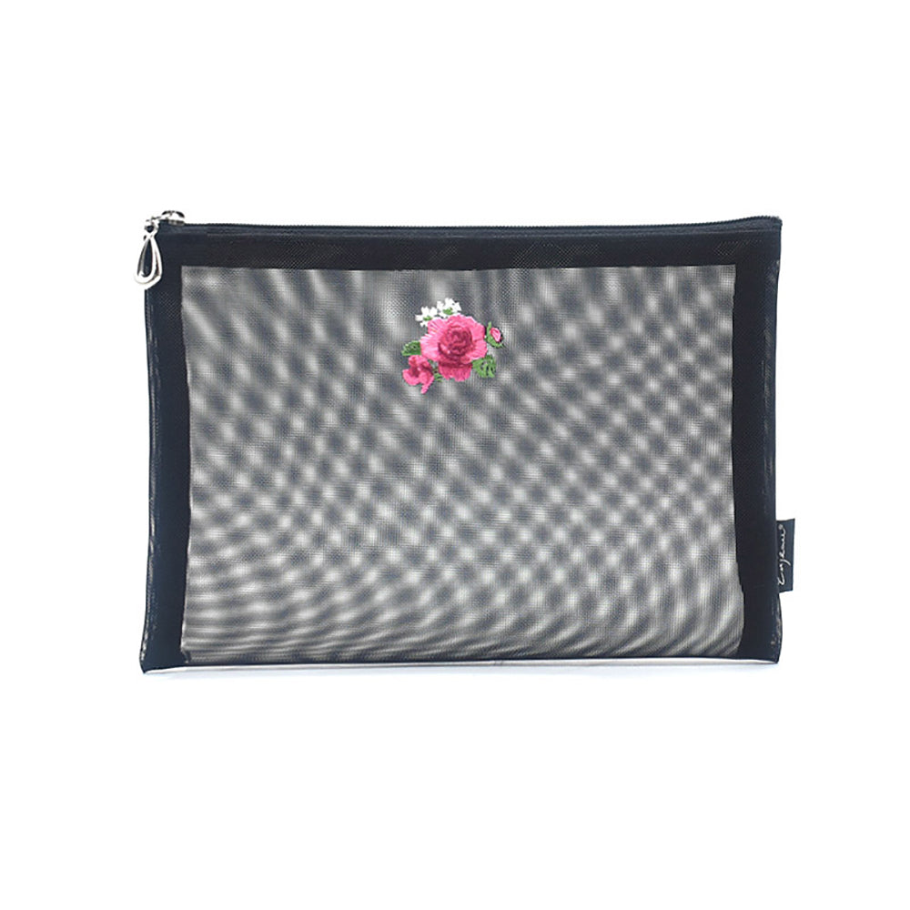 日本製 花刺繍 メッシュポーチ フラットポーチ A6 B6 ネイビー Enjeau アーンジョー