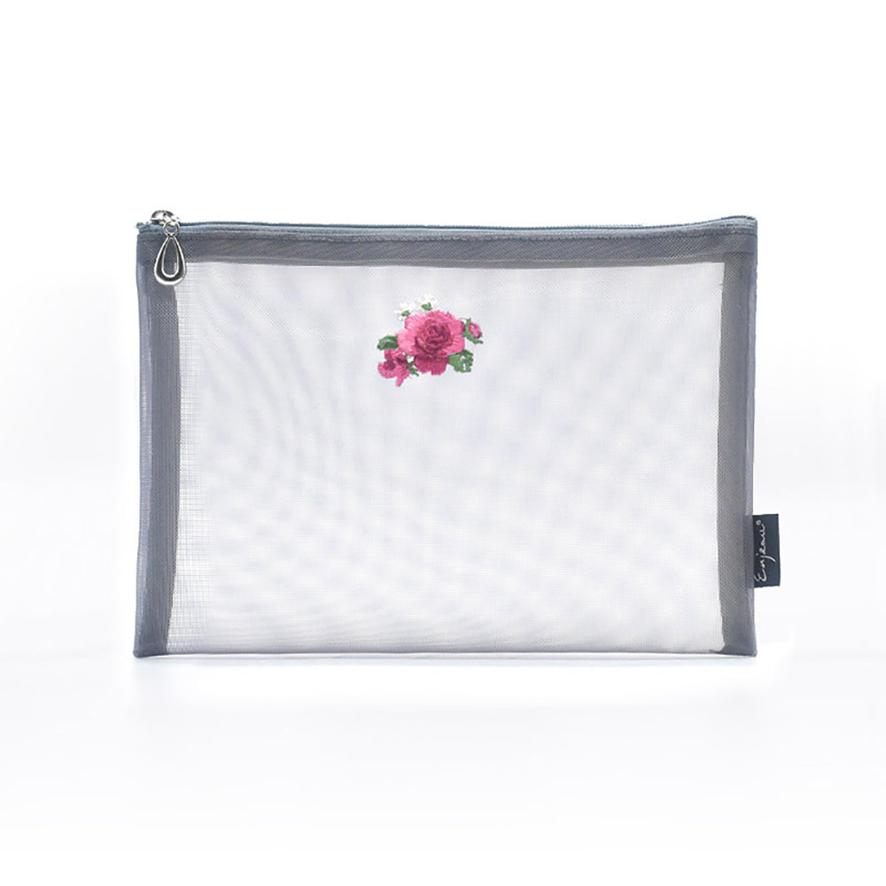 日本製 花刺繍 メッシュポーチ フラットポーチ A6 B6 ネイビー Enjeau アーンジョー