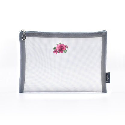 日本製 花刺繍 メッシュポーチ フラットポーチ A6 B6 ネイビー Enjeau アーンジョー