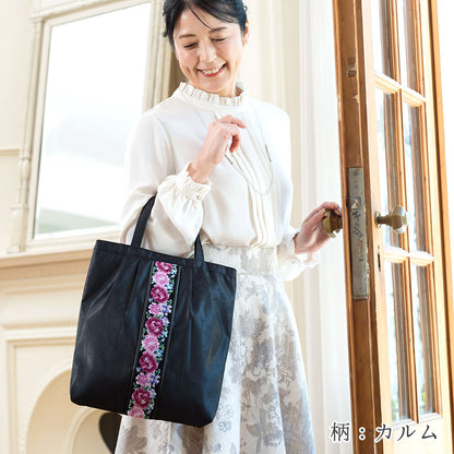 日本製 軽量 縦型ミニトートバッグ スミレ柄 大きめ ハンドバッグ トートバッグ シェニール織 Enjeau アーンジョー