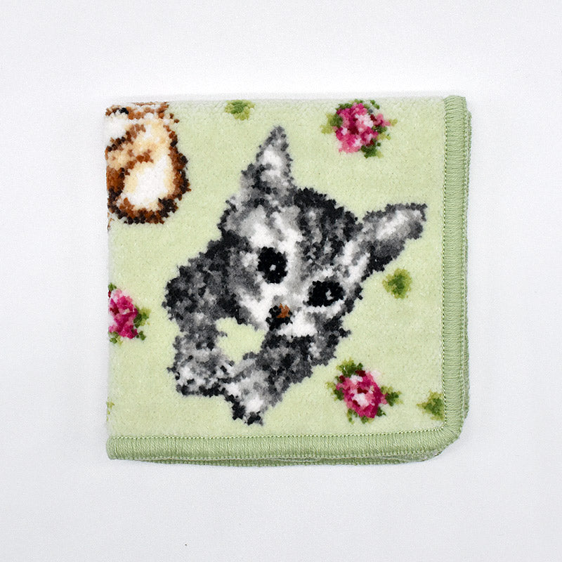 花ネコ柄 日本製 シェニール織 ハンカチ23cm