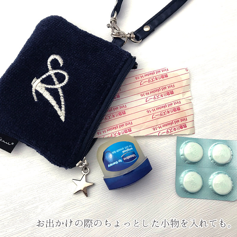 日本製 選べるイニシャル 刺繍  ミニストラップポーチ ネイビー 小物入れ パスケース 薬入れ