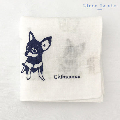 Linen la vie(リネン ラ・ヴィ)： チワワ柄 日本製 リネン100% ハンカチ