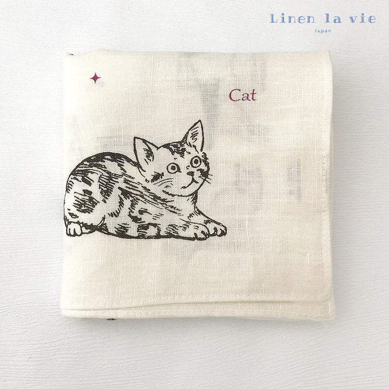 Linen la vie(リネン ラ・ヴィ)： キャット 日本製 リネン100% ハンカチ 猫柄