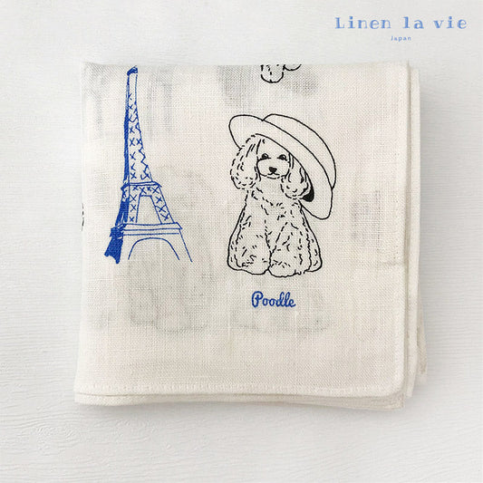 Linen la vie(リネン ラ・ヴィ)：日本製 フランス プードル リネン ハンカチ 麻100% 大判 44cm パリ エッフェル塔