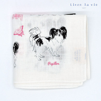 Linen la vie(リネン ラ・ヴィ)：パピヨン柄 日本製 リネン100% ハンカチ