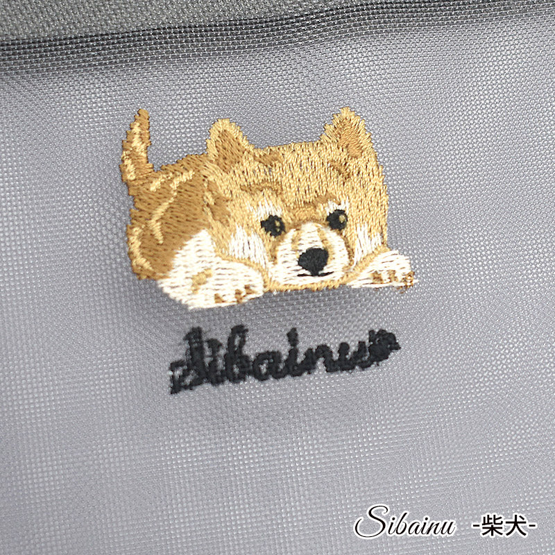 日本製 犬柄刺繍 メッシュ フラットポーチ プードル シュナウザー 柴犬